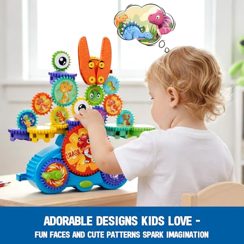 Image of Motorized Gear Building Blocks Toys, Electric Dinosaur Spinning Set Ages 3-6, STEM Construction Kit, Fine Motor Cause-Effect Gift for Boys Girls | Spinning Gear Construction Kit, Fine Motor Cause-and-Effect STEM Building Toy, Gift for Kids Ages 3-6