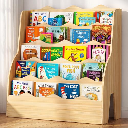 Image of Kids Bookshelf Montessori Wooden Bookcase 5 Tier Front-Facing Organizer | Easy assembly; Montessori Front-Facing; 31.5 inch Kid-sized Height; Holds 80+ Books; Sturdy Construction; Easy Access Reading