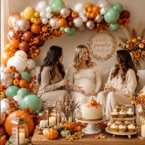 Image of Fall Balloon Garland Arch Kit Burnt Orange Little Pumpkin Party Decorations | 124pcs Terracotta Coffee Sand White & Sage Green Metallic Gold Thanksgiving Balloon Autumn Harvest Birthday Baby Shower Decor