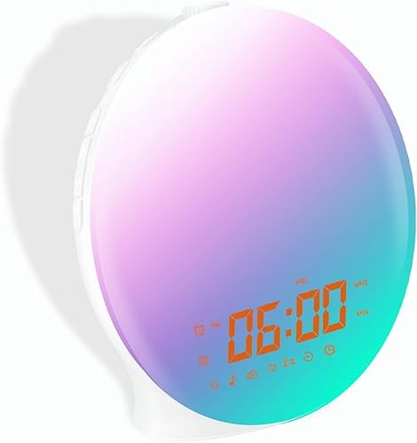 Anyando Reloj despertador de amanecer, luz de despertador, luz de pantalla completa, simulación de amaneceratardecer, alarma dual, radio FM, lámpara