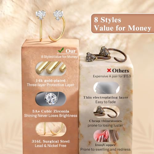 Chihayafuji 14K Gold Huggie Half Hoop Earrings Cartilage Helix Open Backless Earrings for Women 8 Pairs Hypoallergenic Small Nickel Free No Back Stay Close Jewelry Set Trending Valentine's Day Gifts - image 5