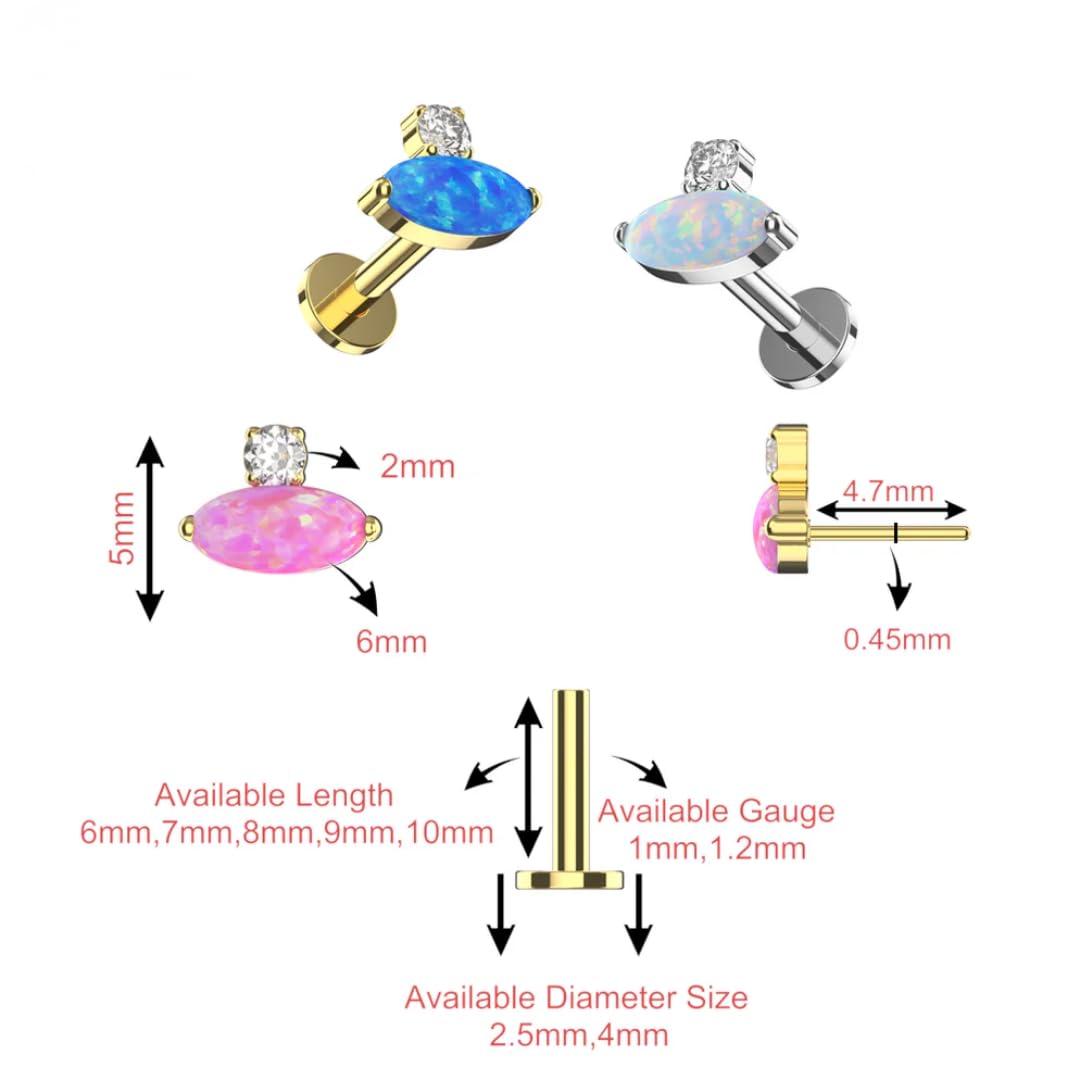 G23 Titan gewindelose flache Rückseite Ohrstecker für Frauen - ovaler Opal & Zirkonia CZ Knorpel Tragus Helix Labret Piercing Schmuck, hypoallergen, Sterlingsilber plattiert Push-In Körperschmuck