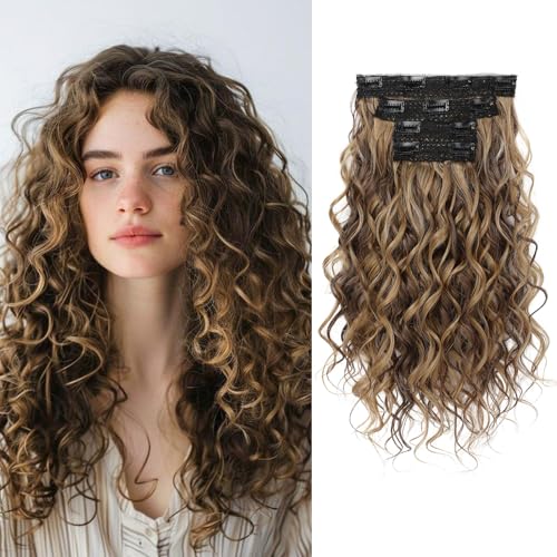 LunarCharm extensiones de cabello rizado de 4 piezas, 40 cm extensiones de cabello con clip, cortas invisibles naturales para mujeres, marrón chocolate con reflejos