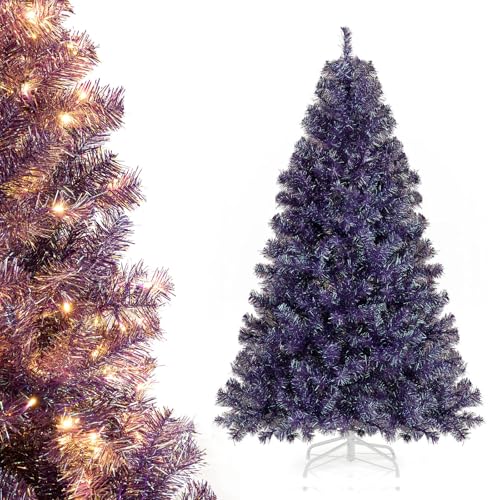 COSTWAY 6 FT Pre-lit Christmas Tree, Realistic Xmas Tree with 688 Branch Tips, 250 Warm Lights, 8 Modes, Folding Metal Support, Artificial Holiday Decoration Fake Tree for Party Home, Dark Purple