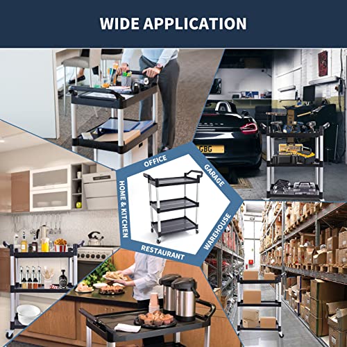 Utility Cart With Wheels, Craftforce 3-Tier Food Service Cart, Heavy Duty 528Lbs Capacity Rolling Utility Cart With Lockable Wheels For Office, Kitchen, Garage, Warehouse, 31.5" X 16.9" X 37.8", Black #TOP3