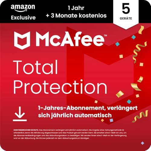 McAfee Total Protection 2025 (5 Gerät) | 15 Monate | Virenschutz, VPN, Betrugsschutz, Sicherheitssoftware, Identitätsüberwachung | Abonnement mit automatischer Verlängerung | Download