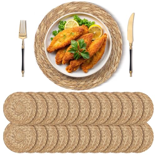 Kochorie 24 Pcs Round Woven Placemats 13.8 Inch Rattan Table Charger Plates