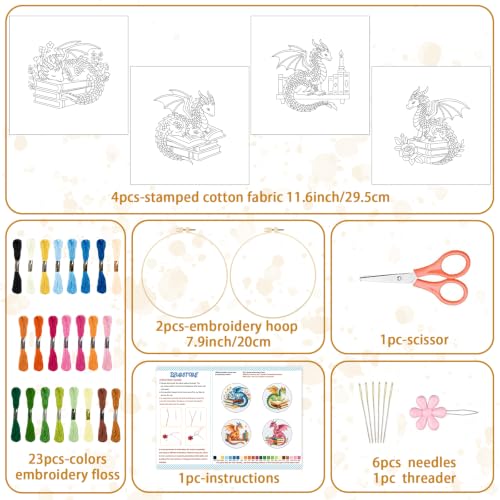 Image of BEUNITONE 4 Set Embroidery Kits for Beginners with Dragon Pre-Print Patterns, DIY Craft Kits Include Instructions and 2 Embroidery Hoops, Cross Stitch Needlepoint Kits for Craft Lover and Home Decor