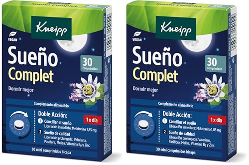Kneipp Sueño Complet, Tranquilizante Natural para Dormir, Pastillas de Valeriana, Pasiflora y Melatonina para el Insomnio, Tecnología Bicapa para Conciliar y Mantener el Sueño, 30 Comprimidos (1,85mg)