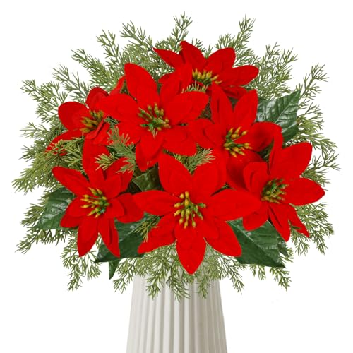 KUANINUNAR Christmas Bouquet Potted Artificial Poinsettias with Greenery Flower Stem Fake Poinsettia Lights Table Centerpiece Flowers Decor Imitation Artificial Flowers Christmas Hanging (12)