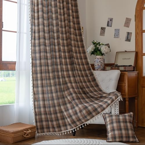 Erbnaryx Plaid Curtains 72 Inch Length Light Filtering Window Drapes with Rod Pocket and Handmade Tassels 2 Panels Tartan Curtains for Living Room Bedroom Brown