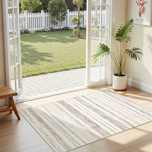 Tortania Area Rug Living Room Rugs - 3x5 Washable Soft Neutral Boho Moroccan Farmhouse Mat Indoor Floor Carpet for Bedroom Under Dining Table Home Office Decor - Beige