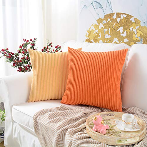 Mernette Pack Of 2, Corduroy Soft Decorative Square Throw Pillow Cover Cushion Covers Pillowcase, Home Decor Decorations For Sofa Couch Bed Chair 20X20 Inch/50X50 Cm (Striped Orange) #TOP4
