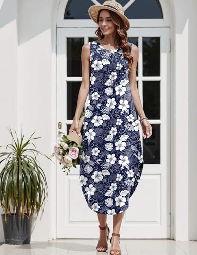 Image of Zeagoo Women Floral Summer Casual Beach Printed Tank Dress with Pockets Pleated Front Long Dress