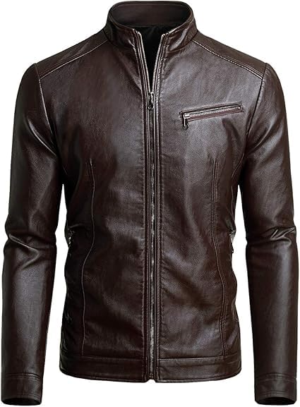 FINE HIDE Men's Classic Motorcycle Leather Jacket, Brown, with Quilted Panels-picture-54