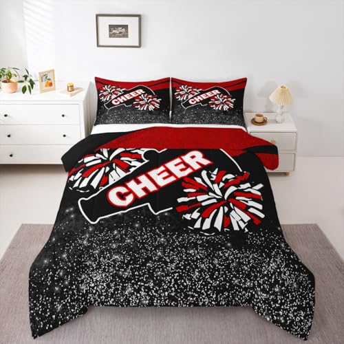 Image of Feelyou Red Glitter Cheer Comforter Set Dreamy Girly Gymnastic Sports Comforter for Kids Boys Girls Gymnastics Lovers Bedding Set Cheer Sports Glitter Duvet Set Room Decor Quilt King Size Boys