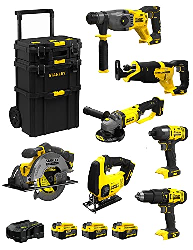 STANLEY FatMax Kit SVK703 (SFMCH900 + SFMCG400 + SFMCD711 + SFMCF800 + SFMCS500 + SFMCS600 + SFMCS300 + 3 Batterien 4,0 Ah + Ladegerät + Caddy 3in1)