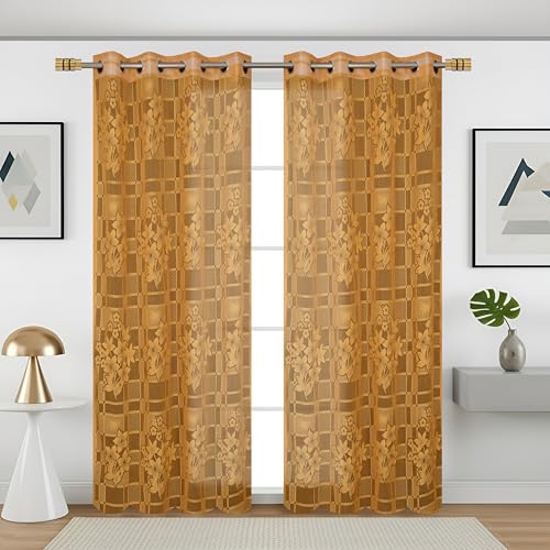Image of Fabrilia Heavy Polyester Net Semi Transparent Fancy Eyelet Curtain, Floral Design, Gold, Window- 4 Feet X 5 Feet, Pack of 2 Pcs (Eyelet)
