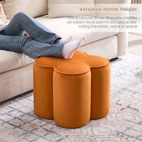 Image of Zesthouse Flower Pouf Ottoman Foot Rest, Velvet Fabric Poofy Ottoman Stool | Large Ottoman Footstool for Couch, Modern Living Room Stool Seat, Cute Square Vanity Stool for Bedroom Orange Dorm Foot Stool