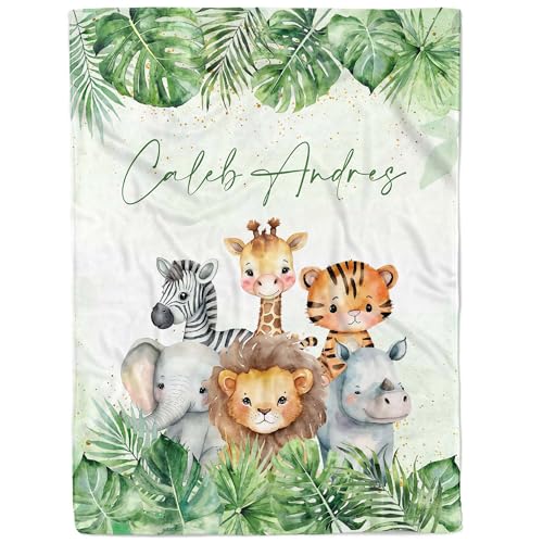 MDPrints Global Safari Animal Personalized Baby Blankets for Boys, Personalized Baby Gifts with Name, Customized Baby Blanket, Newborn Boy Gift,