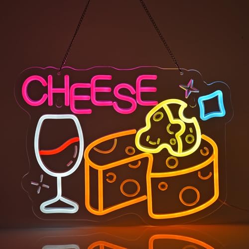 Image of Cheese Neon Sign, Neon Lights Hanging Wall Art Decoration for Store Retail Shop Market Mall Grocery Bakeries Cafe Celebration Home Decor, USB Powered Ultra Bright Dimmable, 15.75x11.8inches