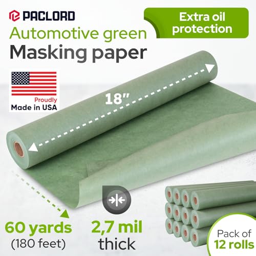 Image of 18 inch x 60 Yards (180 feet) Green Masking Paper with Extra Oil Protection for Automotive Painting Industries (Pack of 12) - Made in USA Masking Paper for Painting Cars, Protection from Splatter