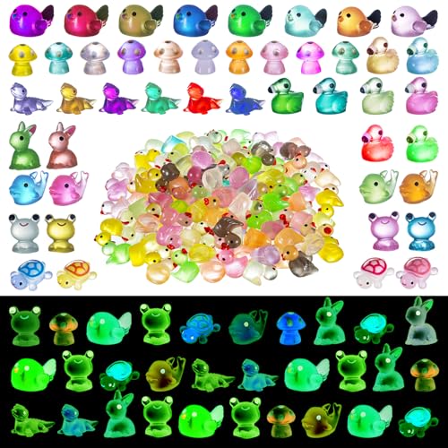 200PCS Luminous Mini Resin Ducks Tiny Frog Flamingo Glow in The Dark Animals Mushroom Rabbit Dolphin Dollhouse Landscape Garden Micro Décor Aquarium Potted Figurine Turtle Lizard DIY Hide Seek Prank