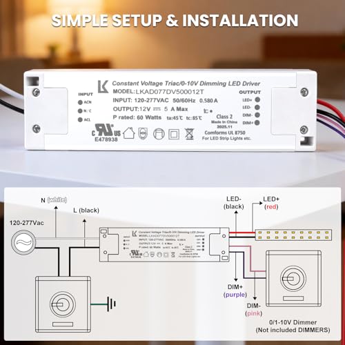 Image of 12V 60W Dimmable LED Driver, 5-in-1 Constant Voltage Triac /ELV /MLV /0-10V /1-10V /PWM /V-R Dimming AC to DC Power Supply, ETL Listed LED Transformer, UL Listed, Compatible with Leviton Dimmer