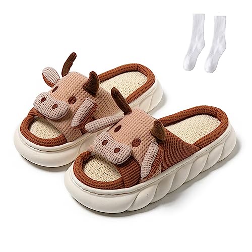 WIWIDANG Pantuflas de vaca, pantuflas de lino para mujer, pantuflas de cuatro estaciones, A, marrón., 37 EU