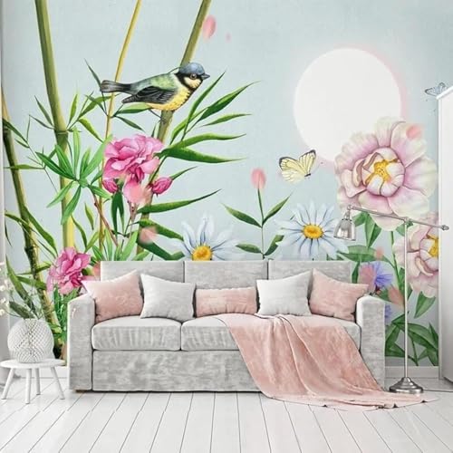 Tzxztt Verde Plantas Flores Luna Pajaritos Papel Pintado 3D Seda Texturizada Primera Calidad Neutros Material Ideal Para SalóN Dormitorio-200cm×140cm