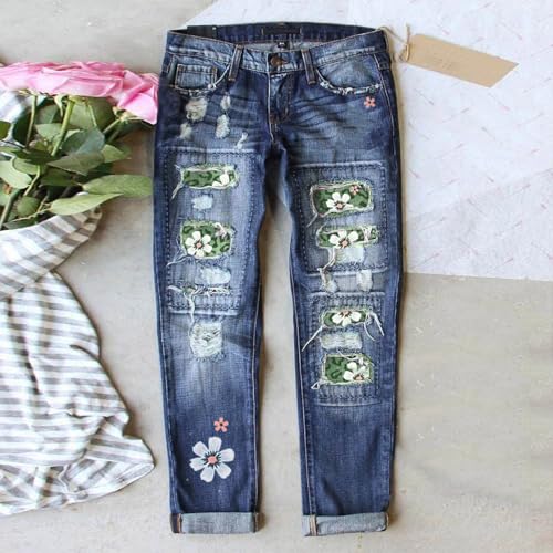 Ripped Distressed Jeans for Women Trendy Print Boyfriend Straight Leg Denim Pants Stylish Streetwear with Hole2