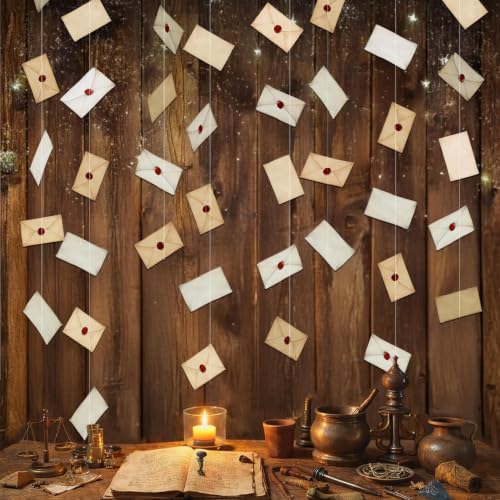 Cheerland Vintage Envelope Garland Floating Letter Banner Acceptance Letters Cards for Halloween Home Decor Magic Theme Decoration Baby Shower Holiday Magical Birthday Classroom Wizard Party Supplies