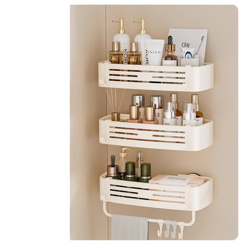 Reelyo 吸盤 浴室用ラック バスラック 浮かせる収納 水切り 防水と防錆 フック/タオルバー付き バスルーム/お風呂/洗面所/キッチンに おもちゃ シャンプー 収納 (方形, 3段)