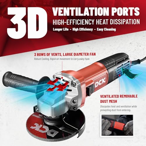 DCK 9.2 Amp Angle Grinder, 4-1/2 Inch Electric Grinder Power Tool, 11800 RPM, Auxiliary Handle and 2 Safety Guards, 6 Piece Discs, Copper Angle Grinder for Cutting, Grinding, Polishing (KSM17-115B) - Image 5