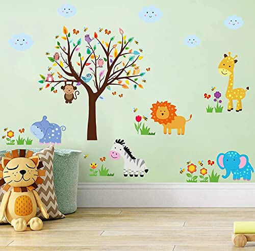 ANHUIB 72 Stück Bunt Wandtattoo für Kinderzimmer,Waldtiere Baum Wandsticker,Cartoon Tiere Wandaufkleber Babyzimmer,DIY Dschungel Tiere Eule Hirsch Wandaufkleber für Junge Mädchen Schlafzimmer Wanddeko Cover