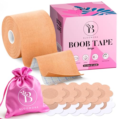 BLOOMORA Boob Tape – Cinta Adhesiva Pecho con Pezoneras Adhesivas Invisibles - Cinta para Pechos Grandes - Accesorios Incluidos - Adhesivo para Vestidos sin Tirantes Beige