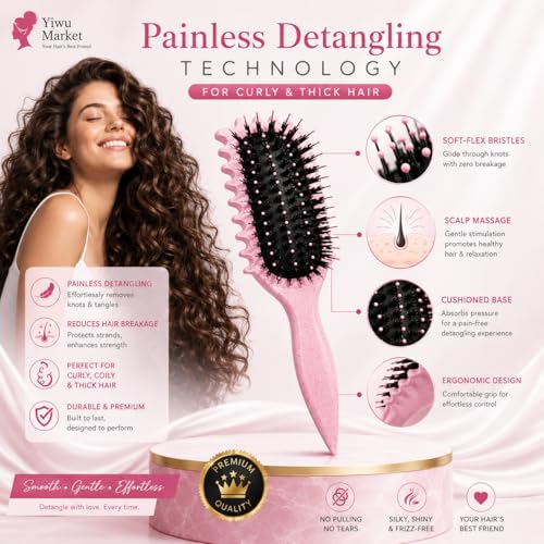 Image of Curly Curved Vented Hair Brush for Women & Men | Hollow Airflow Comb | Flexible Detangling Bristles with Comfortable Grip Handle | Blow-Dry Support & Scalp Massage Brush - Pink