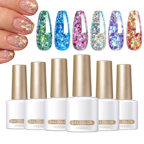 Esmalte de uñas con gel de brillo: 6x esmalte de uñas brillante con lentejuelas, remojo la capa LED UV | Barniz de gel brillante para mujeres, niñas, adolescentes, principiantes, accesorios d
