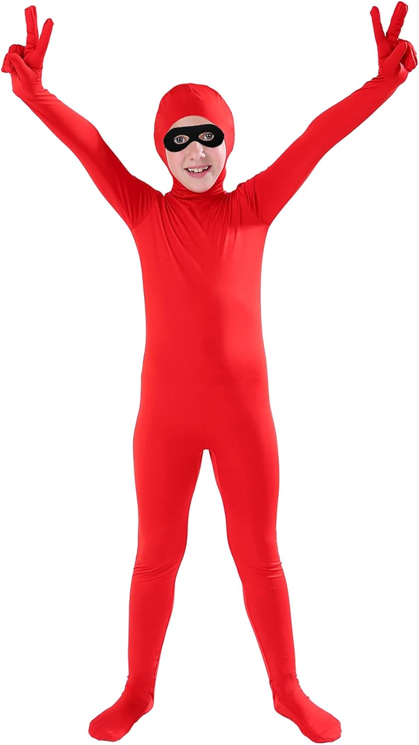 Full Bodysuit Include Felt Eye Mask Kids Costume Open Face Spandex Stretch Zentai Child Suit