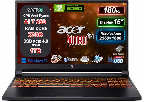 Nitro V 16 AI PC Copilot+ Notebook Gaming, AMD Ryzen AI 7 350, 32GB RAM DDR5 5600MHz, 1TB SSD PCIe, NVIDIA RTX 5060 8GB GDDR7, Display 16" WQXGA IPS 180Hz 2560x1600, WiFi 6E, USB4, Windows 11