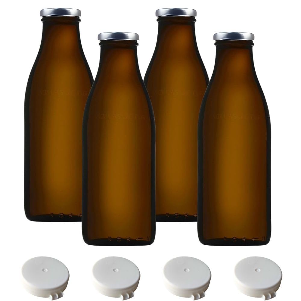 mikken 4 Glass Bottles 1 Litre Brown Juice/Milk Bottles with 4 x Screw Lids 4 x Fresh Lid and Labels