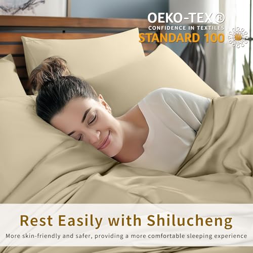 Image of Shilucheng 6 Piece California King Sheet Sets, Cooling Sheets, Blend Rayon Derived from Bamboo, Deep Pocket Up to 16 inch, Breathable & Soft Bed Sheets, Hotel Silky Bedding Set, Beige