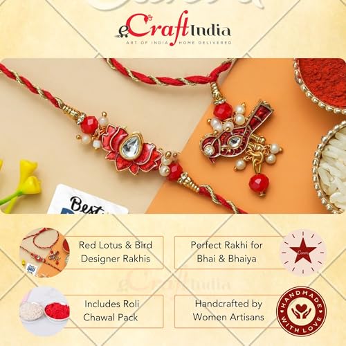 Image of eCraftIndia Red Lotus Bird Designer Bhaiya Bhabhi Rakhis with Best Bro Ever Fridge Magnet | Set of 2 Rakhi for Brother and Bhabhi | Lumba Rakhi | Roli Chawal Pack