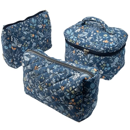 Sparkle Being Whispering Flowers Quilted Cotton Cosmetic Zipper Pouch, Large Capacity Makeup Accessories Storage Bag for Women Girls, Aesthetic Coquette Travel Toiletry Organizer (Set of 3)