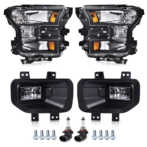 Image of GRAND ORANGE Headlights + Clear Fog Lights Assembly Compatible with Ford F150 2015 2016 2017 4PCS Clear Lens Black Housing Amber Reflector, FO2502335