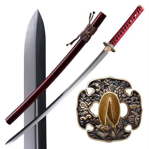 Handmade Japanese Katana Sword - Hand Forged Full Tang Samurai Sword 1095 Steel/T10 Steel Clay Tempering/Damascus Steel/Damascus Steel Clay Tempering, Copper Tsuba, Genuine Ray Skin