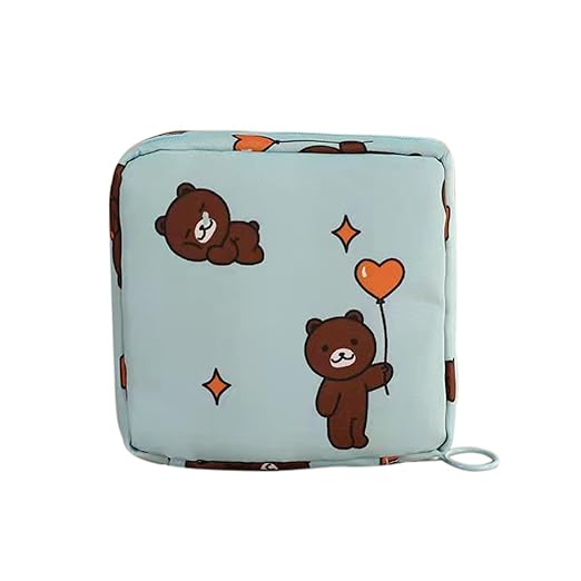 Orange Paper Small Pouch for Women's Girls Plastic Polycarbonate Handbag Sanitary Napkin Storage Bag Menstrual Pad Bag, Charger, Cable, Earphone Organiser Bag for Handbag/Purse (Blue Bear)