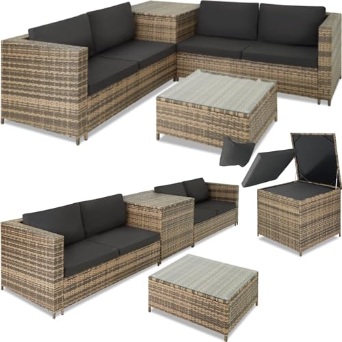 TecTake® Ensemble Salon de Jardin Exterieur en Poly Rotin 4 Personnes, 2 Canapés modulables, Coffre de Rangement et Table de Jardin en Verre Inclus, Mobilier de...