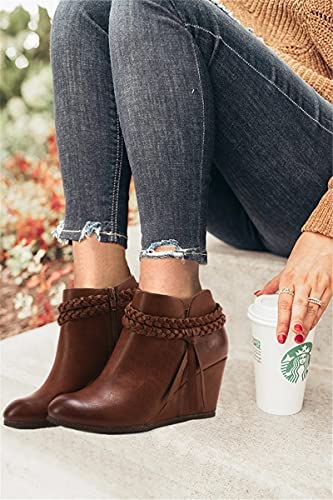 Fashare Womens Wedge Ankle Boots Braided Fringe Strap Western Heeled Winter Booties Shoes A-Brown #TOP3