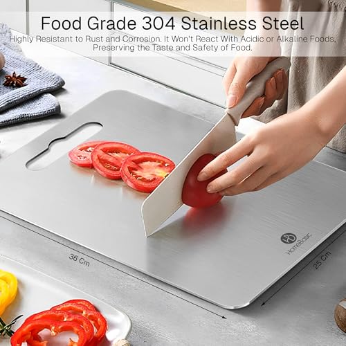 Image of HomeBasic Steel Chopping Board 36 x 25 cm | Food Grade 304 Stainless Steel, Double-Sided, Dishwasher Safe | Metal Cutting Board for Vegetables, Meat & Fish | Non-Porous, Rust Proof, Portable Handle